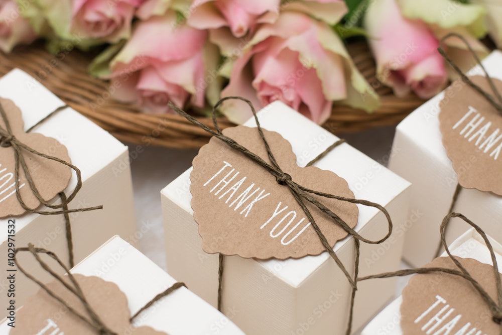 white wedding boxes with thank you's